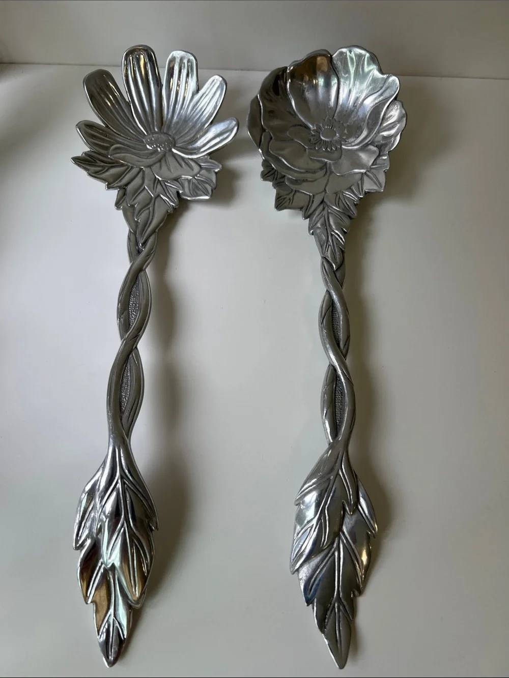Set of Two Silver Floral Oversized Salad Serving Spoon & Fork Set
